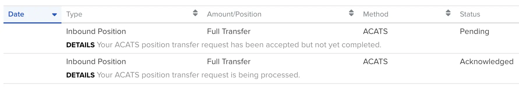 Transfer status page