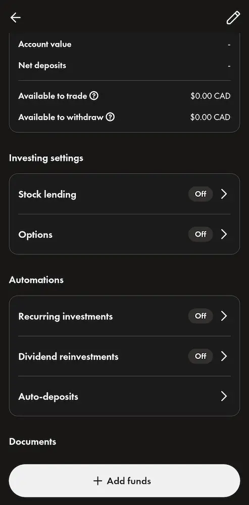 Account settings with stock lending disabled